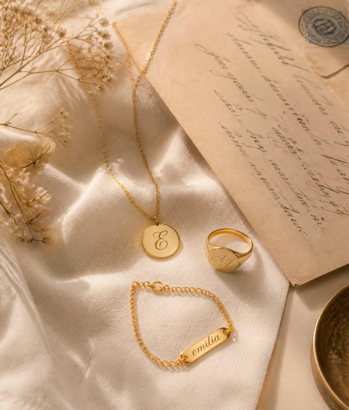 Personalized gold jewelry resting on cream linen beside a handwritten letter